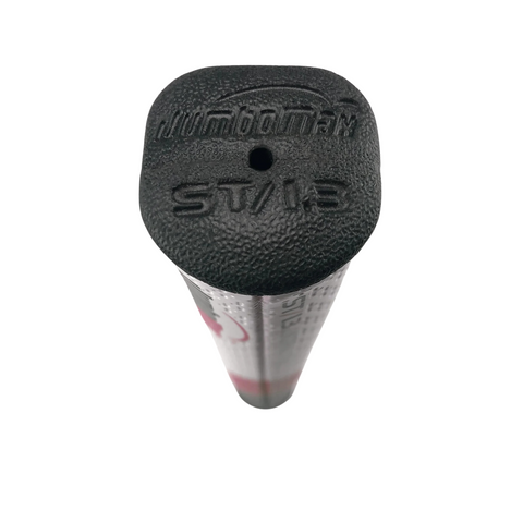 Close-up of the black end cap on a JumboMax ST/1.3 Jumbo Putter Grip in Green/Black, showing "JumboMax" and "ST/13" embossed, against a white background.