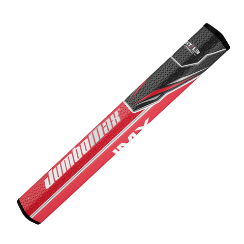 A close-up of the JumboMax ST/1.3 Jumbo Putter Grip in red/black, featuring textured grip patterns inspired by jumbo putter designs for enhanced comfort and a modern look.