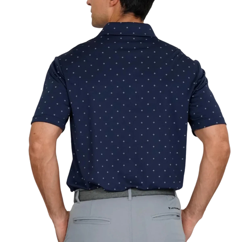 Man wearing the Levelwear Inlay navy golf polo, back view