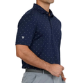 Levelwear Inlay navy golf polo side view showing the sleeve logo