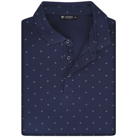 Levelwear Inlay navy golf polo collar, button placket and fabric pattern detail