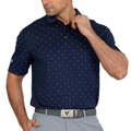 Man wearing the Levelwear Inlay navy golf polo, front view