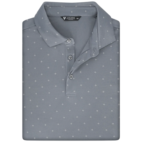 Levelwear Inlay pebble golf polo collar, button placket and fabric pattern detail