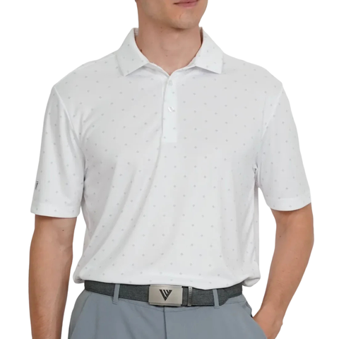 Levelwear Inlay white golf polo side view showing the sleeve logo