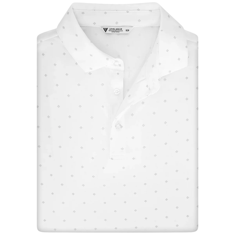 Levelwear Inlay white golf polo collar, button placket and fabric pattern detail
