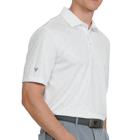 Man wearing the Levelwear Inlay white golf polo, front view