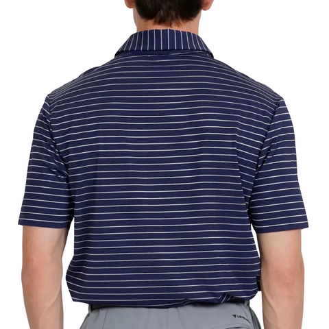 Man wearing the Levelwear Lennox navy golf polo, back view