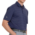 Levelwear Lennox navy golf polo side view showing the sleeve logo