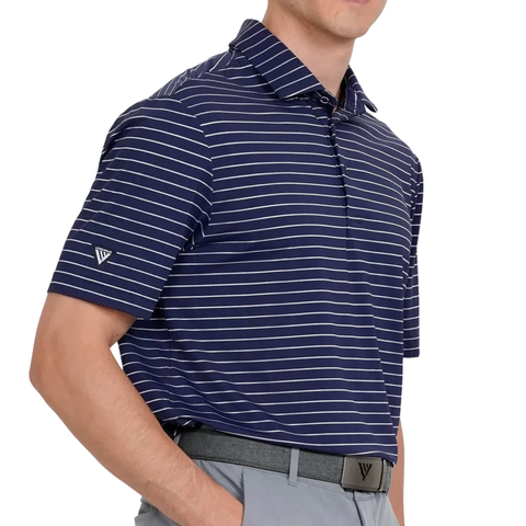 Levelwear Lennox navy golf polo side view showing the sleeve logo