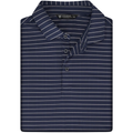 Levelwear Lennox navy golf polo collar, button placket and fabric pattern detail