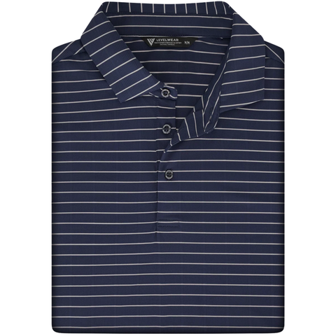 Levelwear Lennox navy golf polo collar, button placket and fabric pattern detail