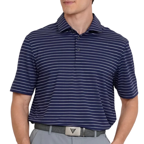 Man wearing the Levelwear Lennox navy golf polo, front view