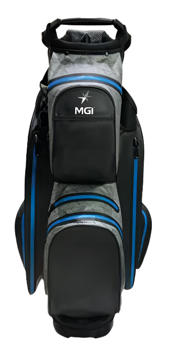 The MGI 2024 Dri Play Cart Bag in Black/Blue is a lightweight, waterproof golf cart bag with multiple zippered compartments and a top handle—perfect for any golfer.
