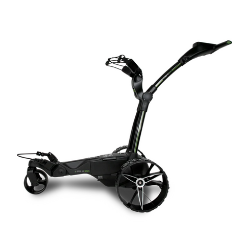 The MGI Ai 500 Electric Golf Trundler by MGI is a sleek, black, three-wheeled model featuring a handlebar, large rear wheels, a smaller front wheel, and a sturdy frame to securely hold your golf bag.
