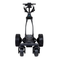 Front view of the MGI Ai Navigator GPS+ Electric Golf Trundler by MGI, featuring large textured rear wheels, two small front wheels, and a handlebar at the top for steering.