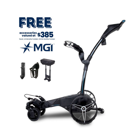 The MGI Ai Navigator GPS+ Electric Golf Trundler includes a free accessory pack (seat, umbrella holder, drink bottle holder) valued at $385. MGI Ai Navigator GPS+ logo appears next to the accessories.