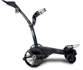 Side view of the black MGI Ai Navigator GPS+ Motorised Golf Trundler, highlighting its sleek frame, large rear wheels, and front swivel wheel.