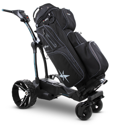 Black MGI Ai Navigator GPS+ Motorised Golf Trundler with a matching golf bag attached, showcasing its large treaded rear wheels and front swivel wheels.