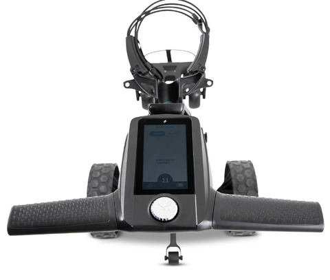 Front view of the black MGI Ai Navigator GPS+ Motorised Golf Trundler, focusing on the digital display and control panel.