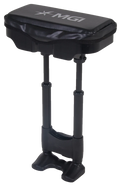 The MGI AI Seat by MGI is a black, padded, portable golf buggy seat featuring MGI on top, two adjustable metal legs, and a wide flat base for stability. Ideal as a golf storage accessory or seating on the course.