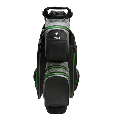 The MGI Dri Play Cart Bag 2024 by MGI, in black and gray with green accents, features waterproof protection and multiple zippered pockets—perfect for keeping your gear dry on the course.