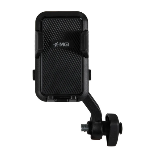 The MGI Ai Phone Holder by MGI is a black holder with a clamp, adjustable arm, textured front, and screw mount base—ideal as a golf or trundler phone mount for your device.