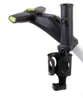 A close-up of the MGI ZIP umbrella holder by MGI, featuring circular cutouts and a green button, mounted on a golf push cart handle for ergonomic and comfortable use.