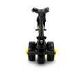 Front view of the MGI ZIP X1 Motorised Trundler in black and yellow, featuring two rear wheels, a front wheel, black frame and seat—ideal for 18 holes with an 18-hole lithium battery. Includes free accessory pack. Brand: MGI.