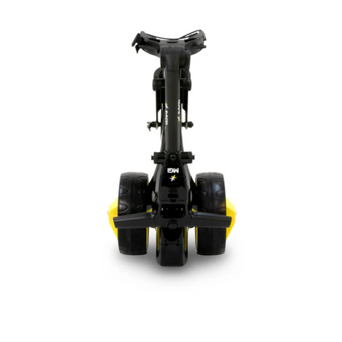 Front view of the MGI ZIP X1 Motorised Trundler in black and yellow, featuring two rear wheels, a front wheel, black frame and seat—ideal for 18 holes with an 18-hole lithium battery. Includes free accessory pack. Brand: MGI.