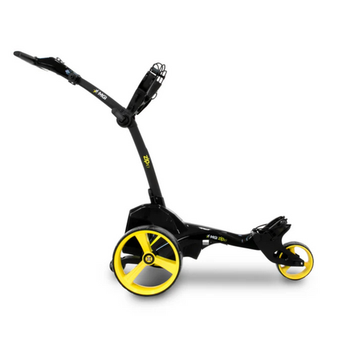 The MGI ZIP X1 Motorised Trundler with 18-hole battery is a black and yellow three-wheeled electric golf trolley, featuring a handle, stand, large rear wheels, and free accessory pack—ideal for carrying golf bags on the course.