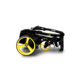 The MGI ZIP X1 Motorised Trundler, in compact black with yellow wheels and MGIDZ/MGI logos, runs on an 18-hole lithium battery. Shown folded, this sleek trundler also includes a free accessory pack for added value on the course.