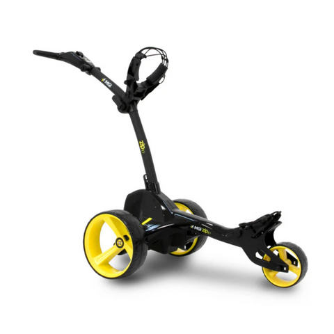 The MGI ZIP X1 Motorised Trundler by MGI features an 18-hole battery, three wheels, a handlebar, and a cup holder—designed to effortlessly carry your golf bag on the course. Includes free accessory pack.