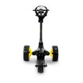 The MGI ZIP X1 Motorised Trundler features sturdy tires, a steering handle, and an 18-hole lithium battery for lasting power, making it ideal for carrying golf bags. Includes a free accessory pack. Brand: MGI.