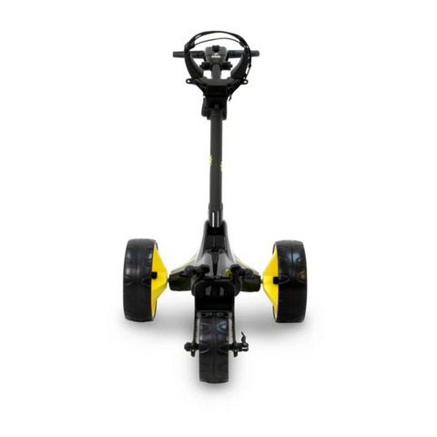 The MGI ZIP X1 Motorised Trundler features sturdy tires, a steering handle, and an 18-hole lithium battery for lasting power, making it ideal for carrying golf bags. Includes a free accessory pack. Brand: MGI.