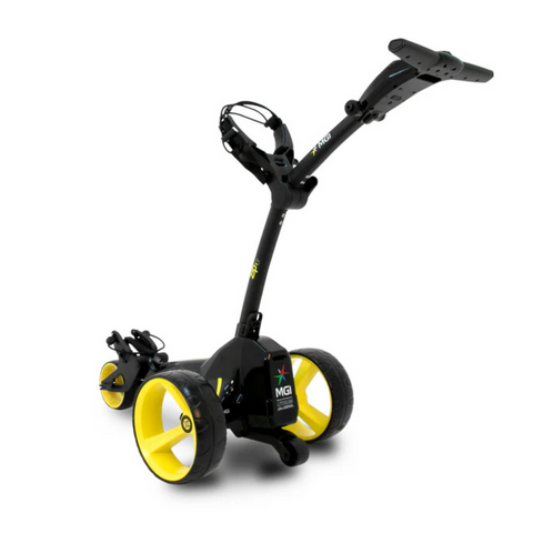 The MGI ZIP X1 Motorised Trundler, in black with large yellow wheels and an upright handle, carries golf bags and gear. Comes with an 18-hole battery for lasting power plus a free accessory pack.