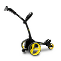 The MGI ZIP X1 Motorised Trundler features bright yellow wheels, an adjustable handle, sturdy black frame, free accessory pack, and an 18-hole lithium battery. Designed for golf bags on course. Shown on a plain white background.