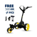 The MGI ZIP X1 Motorised Trundler, powered by an 18-hole battery, is shown with yellow wheels. Includes a FREE accessory pack valued at $385: seat, umbrella holder, drink bottle holder. MGI logo displayed.
