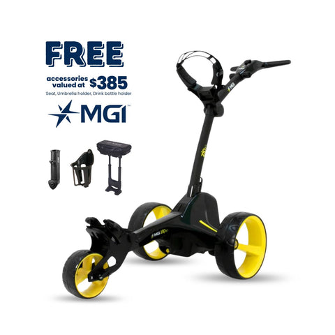 The MGI ZIP X1 Motorised Trundler, powered by an 18-hole battery, is shown with yellow wheels. Includes a FREE accessory pack valued at $385: seat, umbrella holder, drink bottle holder. MGI logo displayed.