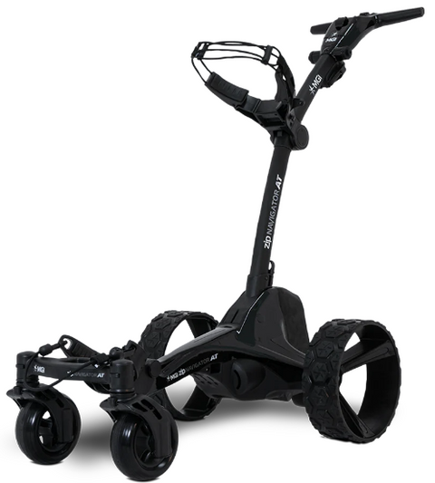 The MGI Zip Navigator All Terrain Electric Golf Trundler by MGI features two large rear wheels, two front wheels, a handlebar with controls, and a golf bag bracket. Its modern, sturdy design ensures smooth travel. Free accessory pack included.