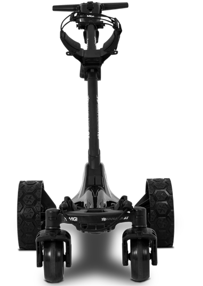 Front view of the MGI Zip Navigator All Terrain Electric Golf Trundler with free accessory pack, showing four large textured wheels and a handlebar. The sleek, sturdy design by MGI is perfect for handling all terrains on the golf course.