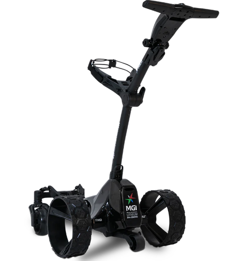 The MGI Zip Navigator All Terrain Electric Golf Trundler features a sturdy black frame, off-road wheels, central handlebar with control panel, and includes a free accessory pack—ideal for navigating all golf course terrains.
