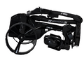 A black MGI Zip Navigator All Terrain Electric Golf Trundler, compactly folded with two large wheels for easy storage or transport, includes a free accessory pack.