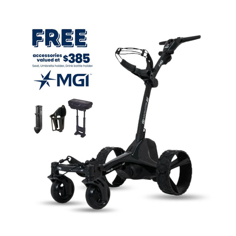 The MGI Zip Navigator All Terrain Electric Golf Trundler by MGI is shown with a free $385 accessory pack, including a seat, umbrella holder, and drink bottle holder. The MGI logo appears above the accessories.