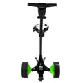 Front view of the MGI Zip X5 Motorised Trundler / 18 Hole Battery in black and green, featuring large textured rear wheels, a handlebar with cup holder below it, and visible MGI branding on the frame.