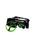 The MGI Zip X5 Motorised Trundler in black and green is shown folded compactly with large wheels, highlighting its portable design against a white background. Suitable for 18 holes, it features the trusted quality of MGI.