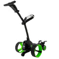 The MGI Zip X5 Motorised Trundler features a black and green design, two large rear wheels, a smaller front wheel, adjustable handle, 18-hole lithium battery, MGI logo, and rear accessory attachment.