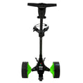 Front view of the MGI Zip X5 Motorised Trundler / 18 Hole Battery in black and green, featuring large textured rear wheels, a handlebar with cup holder below it, and visible MGI branding on the frame.