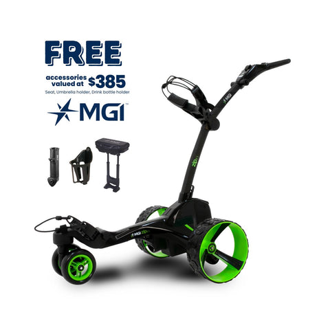 The MGI Zip X5 Motorised Trundler / 36 Hole Battery comes with a free accessory pack (seat, umbrella holder, drink bottle holder) valued at $385. Features green wheels and handle. Includes MGI brand logo.