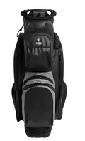 Front view of the MGI Dri PLay Black cart bag showing the many pockets