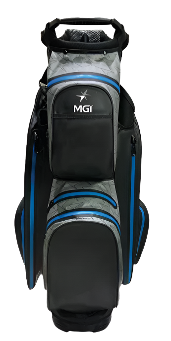 MGI Dri Play golf bag in black and blue colour with the front showing the many pockets